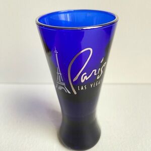 Paris Las Vegas cobalt blue shot glass souvenir collectible with silver rim 2 oz